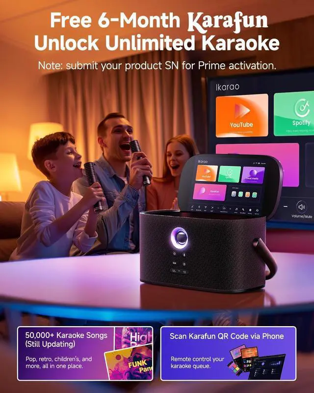 Alt view image 4 of 7 - Portable Karaoke Machine for Adults Kids, Built-in Lyrics Display and Screen, 2 Self-Charging Wireless Mics, Karaoke App, Connect to TV, Bluetooth Speaker PA System for Home Outdoor Party