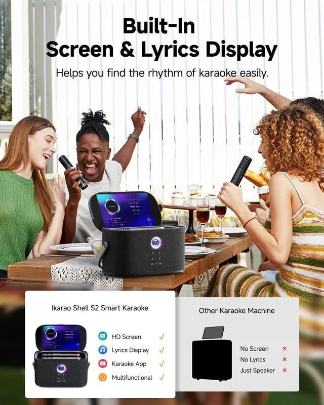 Alt view image 3 of 7 - Portable Karaoke Machine for Adults Kids, Built-in Lyrics Display and Screen, 2 Self-Charging Wireless Mics, Karaoke App, Connect to TV, Bluetooth Speaker PA System for Home Outdoor Party