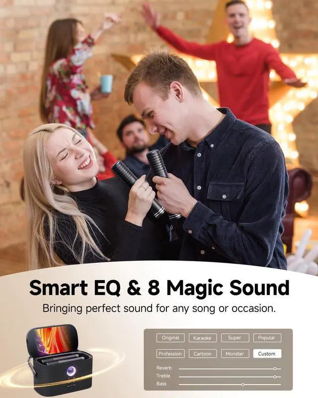 Alt view image 7 of 7 - Portable Karaoke Machine for Adults Kids, Built-in Lyrics Display and Screen, 2 Self-Charging Wireless Mics, Karaoke App, Connect to TV, Bluetooth Speaker PA System for Home Outdoor Party