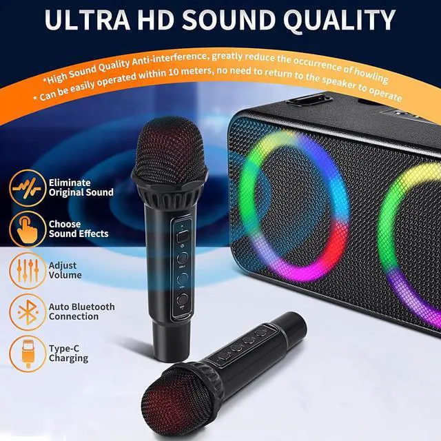 Alt view image 3 of 7 - Tech Karaoke Microphone Machine Kids Adults, Karaoke Machine Bluetooth Sound Effects, Bluetooth Wireless Speakers Karaoke Machine LED Light TF Card/USB Portable Home Party Outdoor/Indoor, Black