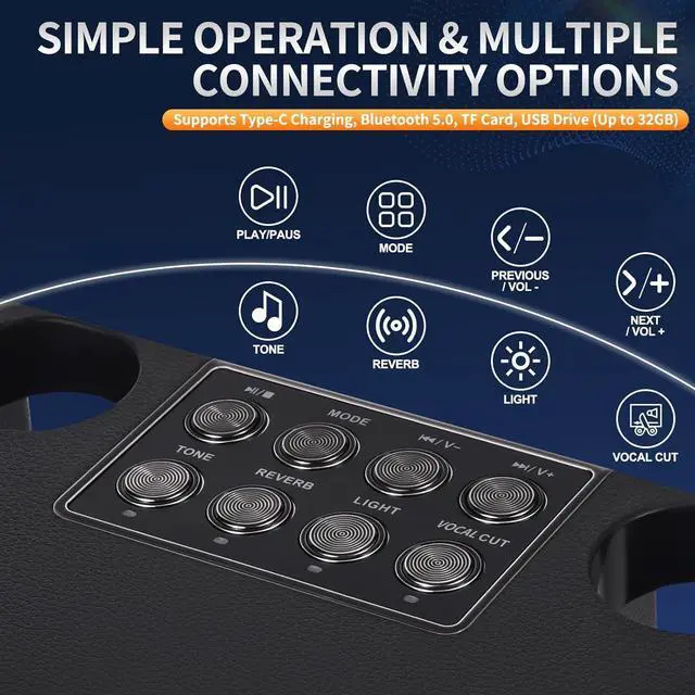 Alt view image 6 of 7 - Tech Karaoke Microphone Machine Kids Adults, Karaoke Machine Bluetooth Sound Effects, Bluetooth Wireless Speakers Karaoke Machine LED Light TF Card/USB Portable Home Party Outdoor/Indoor, Black