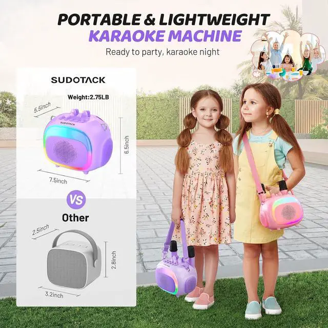 Alt view image 2 of 7 - Mini Karaoke Machine for Kids, Portable Bluetooth Karaoke Speaker with 2 Wilreless Microphones with LED Lights, Birthday Kids Toys Gifts for Girls 4, 5, 6, 7, 8, 9, 10 +Year Old-Purple(KM100)