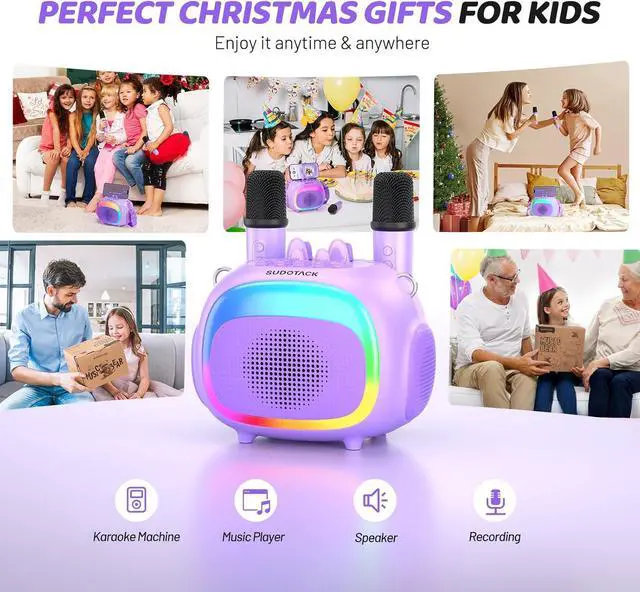 Alt view image 4 of 7 - Mini Karaoke Machine for Kids, Portable Bluetooth Karaoke Speaker with 2 Wilreless Microphones with LED Lights, Birthday Kids Toys Gifts for Girls 4, 5, 6, 7, 8, 9, 10 +Year Old-Purple(KM100)