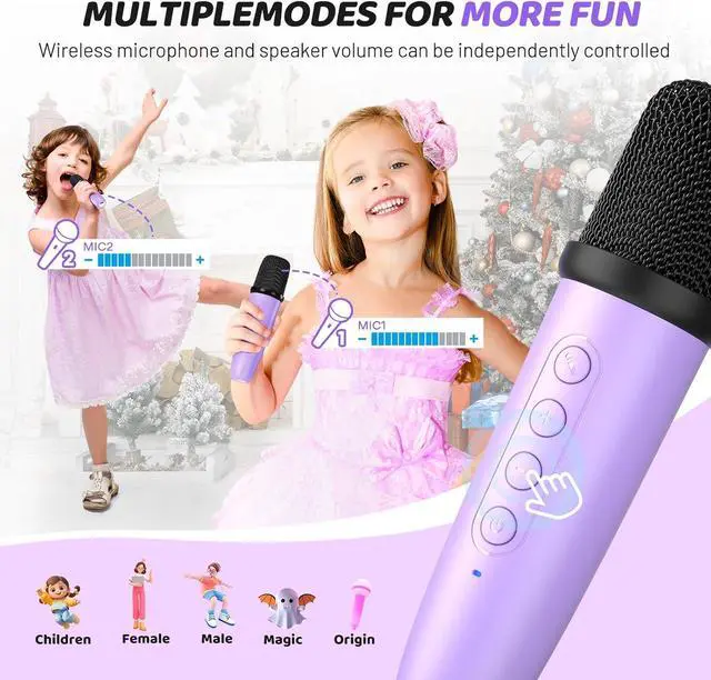 Alt view image 5 of 7 - Mini Karaoke Machine for Kids, Portable Bluetooth Karaoke Speaker with 2 Wilreless Microphones with LED Lights, Birthday Kids Toys Gifts for Girls 4, 5, 6, 7, 8, 9, 10 +Year Old-Purple(KM100)