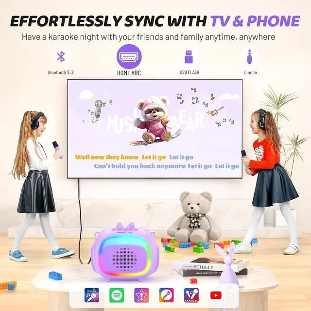 Alt view image 6 of 7 - Mini Karaoke Machine for Kids, Portable Bluetooth Karaoke Speaker with 2 Wilreless Microphones with LED Lights, Birthday Kids Toys Gifts for Girls 4, 5, 6, 7, 8, 9, 10 +Year Old-Purple(KM100)