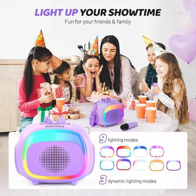 Alt view image 7 of 7 - Mini Karaoke Machine for Kids, Portable Bluetooth Karaoke Speaker with 2 Wilreless Microphones with LED Lights, Birthday Kids Toys Gifts for Girls 4, 5, 6, 7, 8, 9, 10 +Year Old-Purple(KM100)