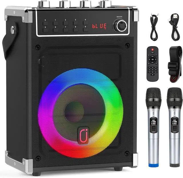 Main image of Karaoke Machine with 2 Wireless Microphones, Portable Bass/Treble Bluetooth Speaker with LED Light, Support TWS, AUX in, FM, REC PA System with Remote Control, Supply for Party/Adults/Kids
