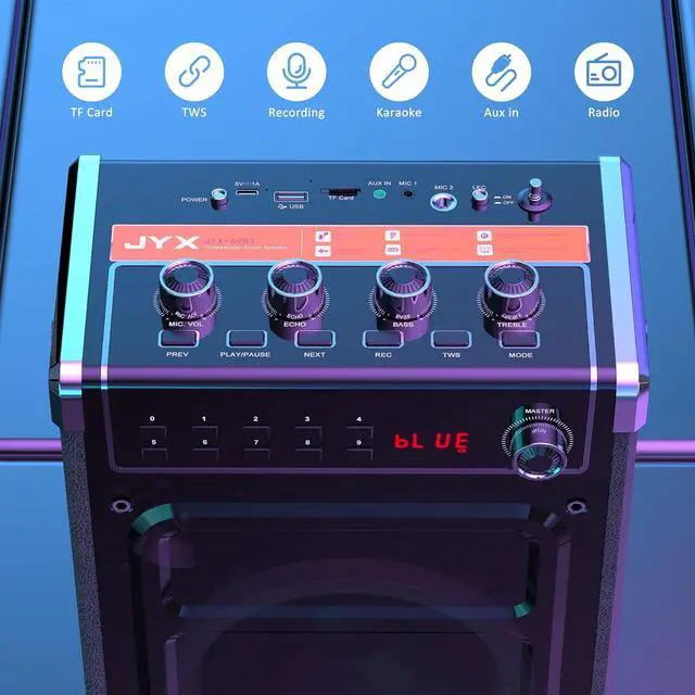 Alt view image 2 of 7 - Karaoke Machine with 2 Wireless Microphones, Portable Bass/Treble Bluetooth Speaker with LED Light, Support TWS, AUX in, FM, REC PA System with Remote Control, Supply for Party/Adults/Kids