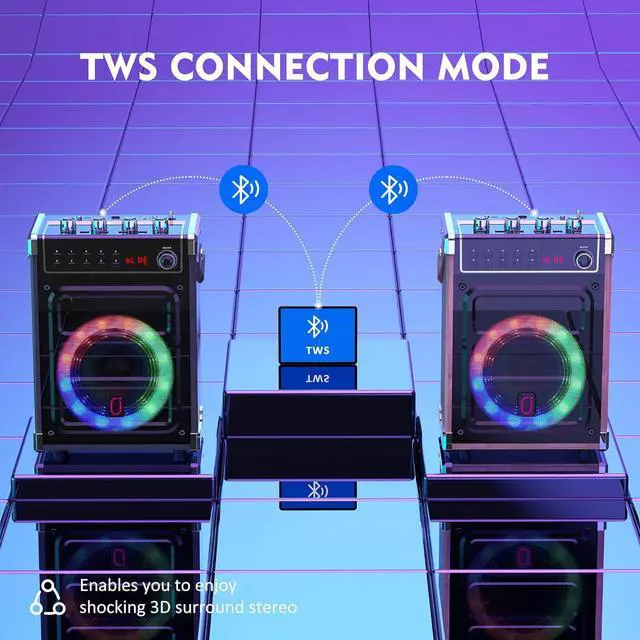Alt view image 4 of 7 - Karaoke Machine with 2 Wireless Microphones, Portable Bass/Treble Bluetooth Speaker with LED Light, Support TWS, AUX in, FM, REC PA System with Remote Control, Supply for Party/Adults/Kids