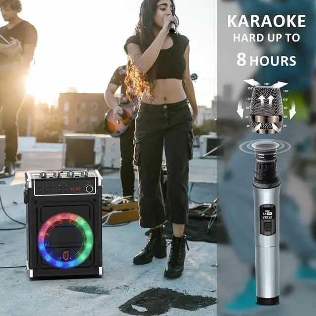 Alt view image 5 of 7 - Karaoke Machine with 2 Wireless Microphones, Portable Bass/Treble Bluetooth Speaker with LED Light, Support TWS, AUX in, FM, REC PA System with Remote Control, Supply for Party/Adults/Kids