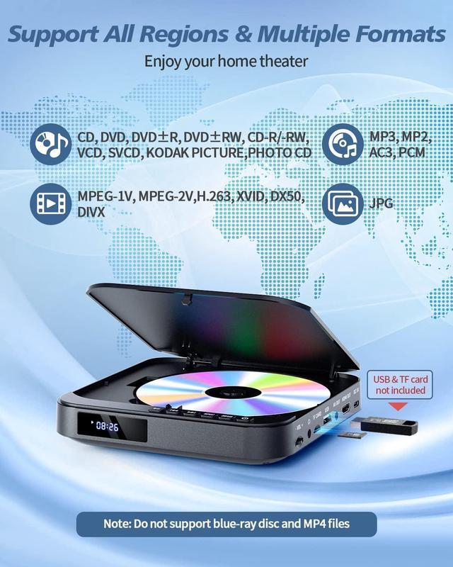Alt view image 5 of 7 - Mini DVD Player - 1080P HD Compact Player for TVs with HDMI, All Region Free, CD/DVD, USB/TF Card, Remote Control, PAL/NTSC Support