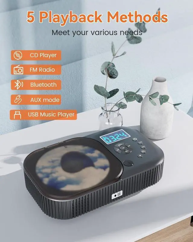 Alt view image 6 of 7 - CD Player Portable,MONODEAL Dual Stereo Speakers Portable CD Player with Bluetooth Speakers, 4000mAh Rechargeable CD Player Bluetooth for Car/Home with Remote Control,Support USB/AUX,Headphone Jack