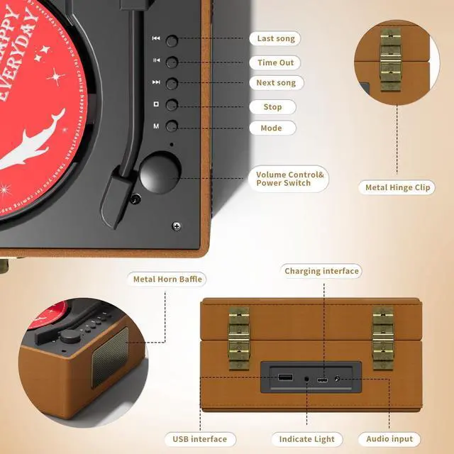 Alt view image 5 of 7 - Time Music Box CD Player with Speakers; Bluetooth Transmitter; Festival Gift; BGM Player for Home Decor (Brown)