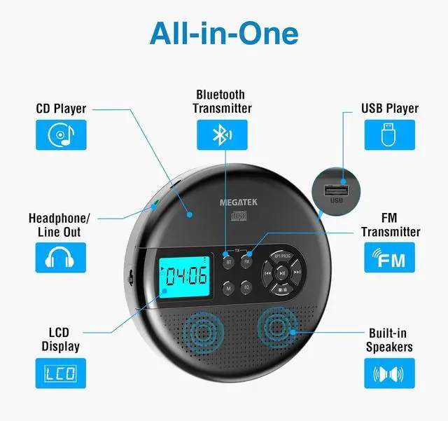 Alt view image 2 of 7 - CP27BR Portable CD Player Bluetooth for Car with FM Transmitter, USB, AUX, LCD Display, Anti-Skip, Stereo Speakers, Headphones & Rechargeable Battery  Black