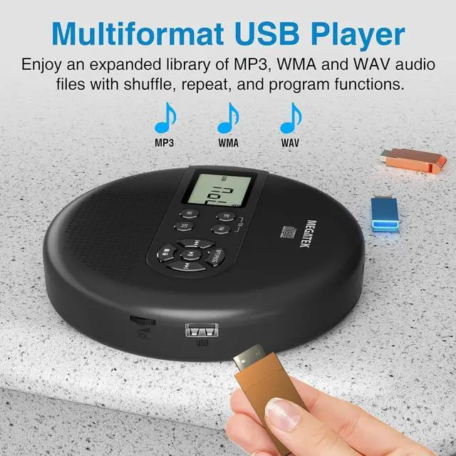 Alt view image 6 of 7 - CP27BR Portable CD Player Bluetooth for Car with FM Transmitter, USB, AUX, LCD Display, Anti-Skip, Stereo Speakers, Headphones & Rechargeable Battery  Black