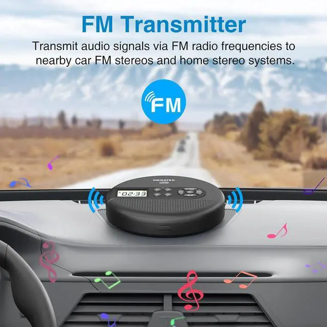 Alt view image 7 of 7 - CP27BR Portable CD Player Bluetooth for Car with FM Transmitter, USB, AUX, LCD Display, Anti-Skip, Stereo Speakers, Headphones & Rechargeable Battery  Black