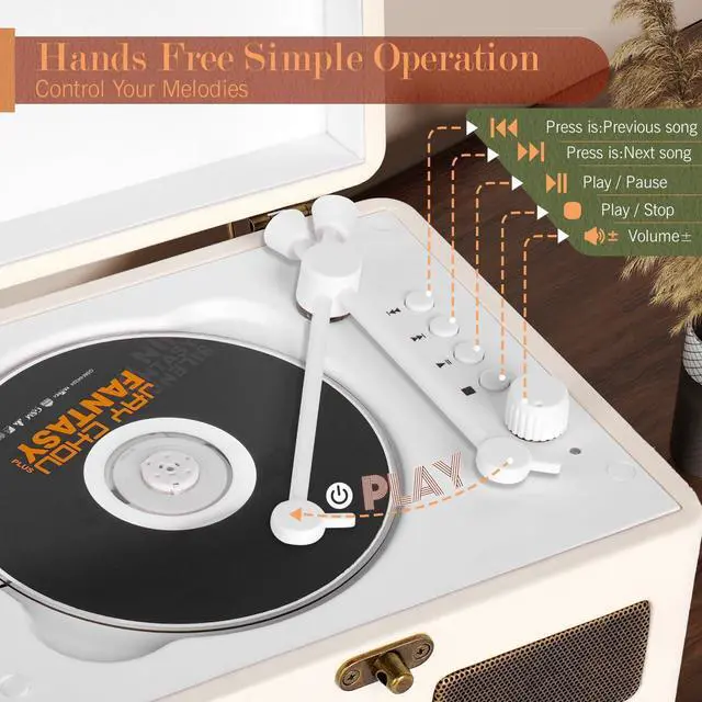 Alt view image 3 of 7 - CD Player Portable with Bluetooth, RetroBeat 2200mAH Rechargeable Desktop CD Player for Home with Speakers, AUX Output, USB Mode and TF Card Support, Headphone Output (White)