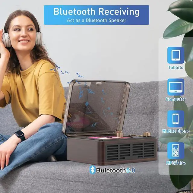 Alt view image 4 of 7 - CD Player Portable with BluetoothDouble HiFi Sound Speakers,Desktop CD Music Players,Support AUX/USB/Headphone Jack/Music Fiber Optics/FM Radio Boombox for Home,Office (Brown)
