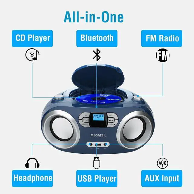 Alt view image 2 of 7 - Portable CD Boombox with FM Stereo Radio, Bluetooth, USB Port, and Backlit LCD Display | CD-R/CD-RW/MP3-CD Compatible | AUX Input | Headphone Jack | Programmable CD Player - Blue Jay