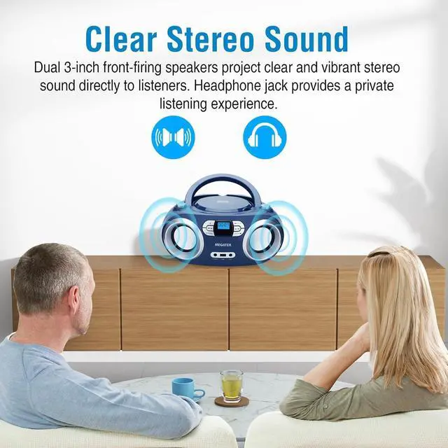 Alt view image 3 of 7 - Portable CD Boombox with FM Stereo Radio, Bluetooth, USB Port, and Backlit LCD Display | CD-R/CD-RW/MP3-CD Compatible | AUX Input | Headphone Jack | Programmable CD Player - Blue Jay
