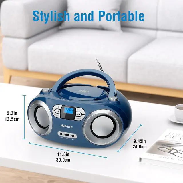 Alt view image 5 of 7 - Portable CD Boombox with FM Stereo Radio, Bluetooth, USB Port, and Backlit LCD Display | CD-R/CD-RW/MP3-CD Compatible | AUX Input | Headphone Jack | Programmable CD Player - Blue Jay