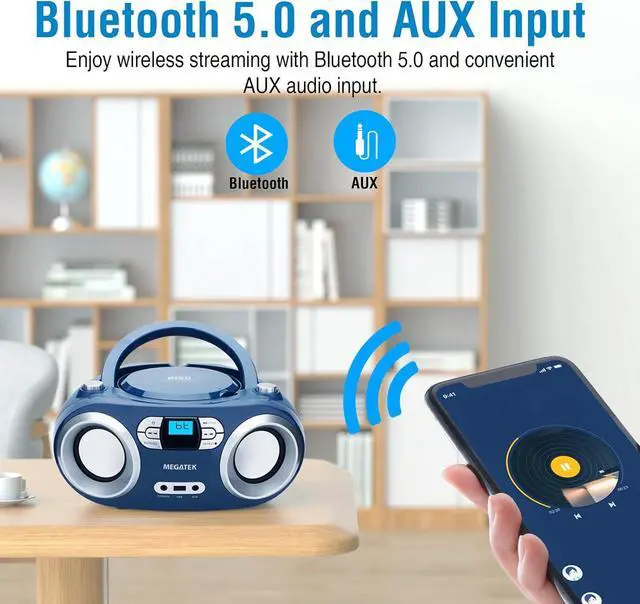 Alt view image 4 of 7 - Portable CD Boombox with FM Stereo Radio, Bluetooth, USB Port, and Backlit LCD Display | CD-R/CD-RW/MP3-CD Compatible | AUX Input | Headphone Jack | Programmable CD Player - Blue Jay