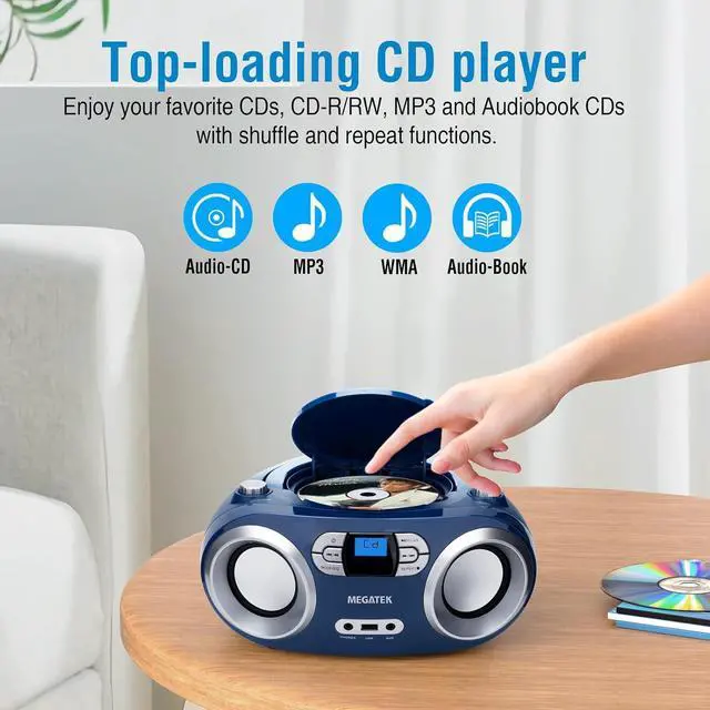 Alt view image 6 of 7 - Portable CD Boombox with FM Stereo Radio, Bluetooth, USB Port, and Backlit LCD Display | CD-R/CD-RW/MP3-CD Compatible | AUX Input | Headphone Jack | Programmable CD Player - Blue Jay