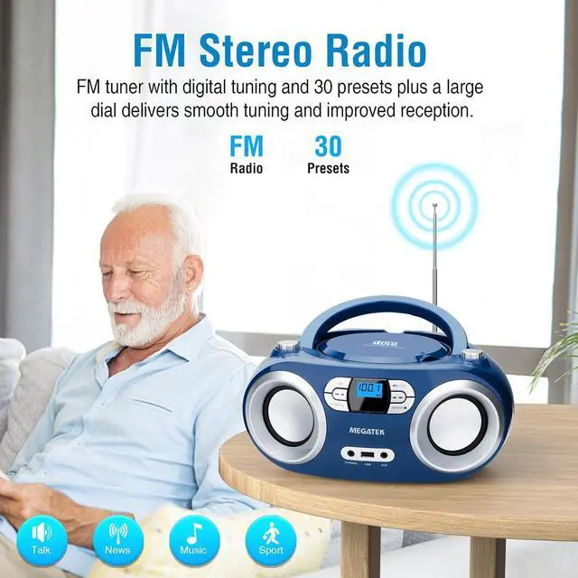 Alt view image 7 of 7 - Portable CD Boombox with FM Stereo Radio, Bluetooth, USB Port, and Backlit LCD Display | CD-R/CD-RW/MP3-CD Compatible | AUX Input | Headphone Jack | Programmable CD Player - Blue Jay