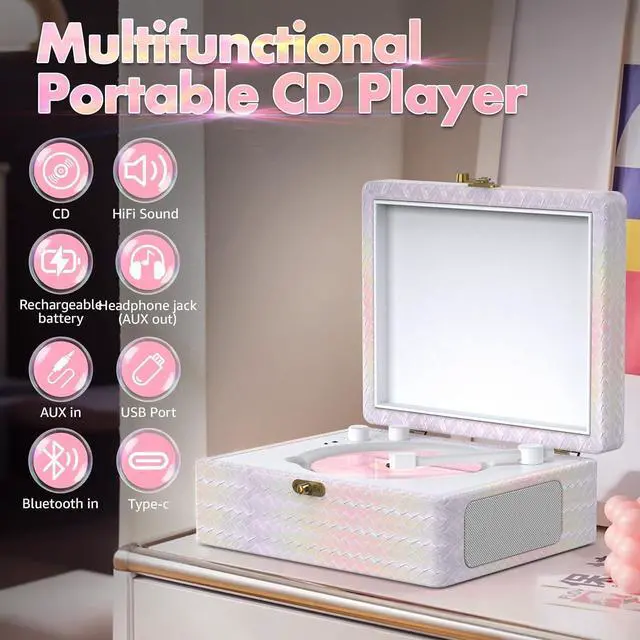 Alt view image 2 of 7 - CD Player Portable with Speakers Bluetooth Desktop Knit Retro CD Player for Home Rechargeble Battery Small Vintage CD Player with Bluetooth Input, USB Playback, AUX in, Headphone Jack, Remote Control