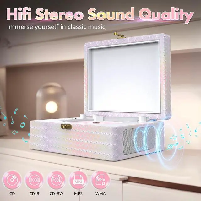 Alt view image 3 of 7 - CD Player Portable with Speakers Bluetooth Desktop Knit Retro CD Player for Home Rechargeble Battery Small Vintage CD Player with Bluetooth Input, USB Playback, AUX in, Headphone Jack, Remote Control