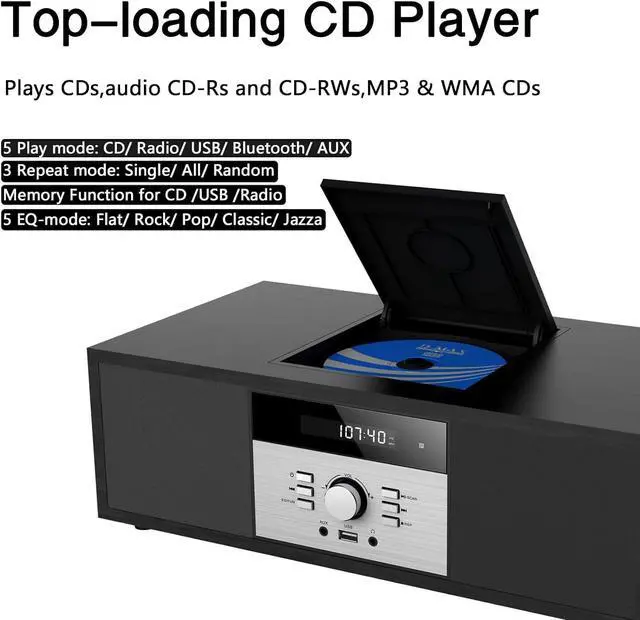 Alt view image 3 of 7 - Bluetooth Stereo System for Home, WISCENT Vintage Micro HiFi Systems CD Player,with Bluetooth Audio Streaming,FM Radio,USB Port,Aux-in,Earphone Port (Black CD Player)
