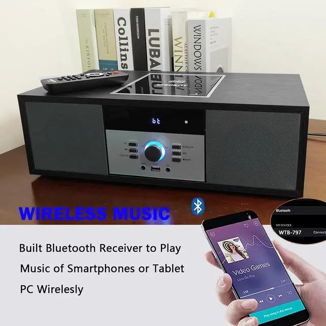 Alt view image 4 of 7 - Bluetooth Stereo System for Home, WISCENT Vintage Micro HiFi Systems CD Player,with Bluetooth Audio Streaming,FM Radio,USB Port,Aux-in,Earphone Port (Black CD Player)