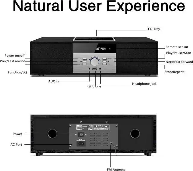 Alt view image 5 of 7 - Bluetooth Stereo System for Home, WISCENT Vintage Micro HiFi Systems CD Player,with Bluetooth Audio Streaming,FM Radio,USB Port,Aux-in,Earphone Port (Black CD Player)