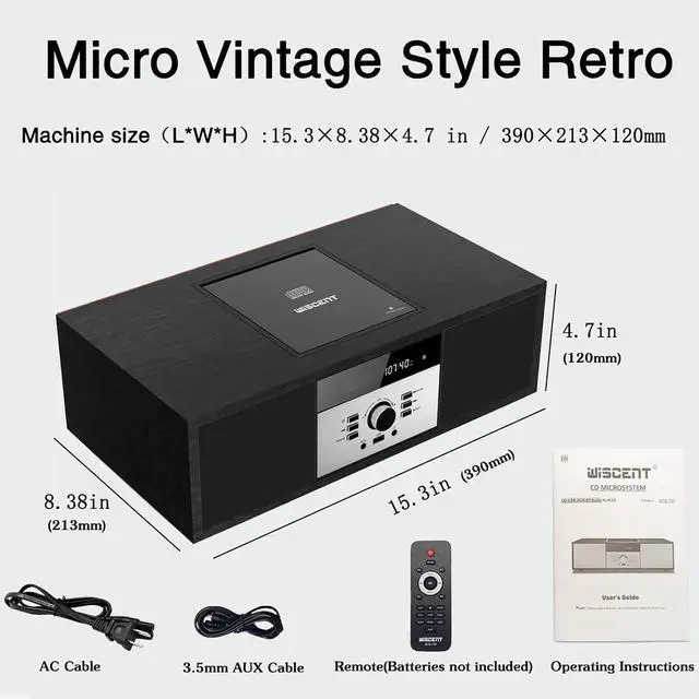 Alt view image 7 of 7 - Bluetooth Stereo System for Home, WISCENT Vintage Micro HiFi Systems CD Player,with Bluetooth Audio Streaming,FM Radio,USB Port,Aux-in,Earphone Port (Black CD Player)