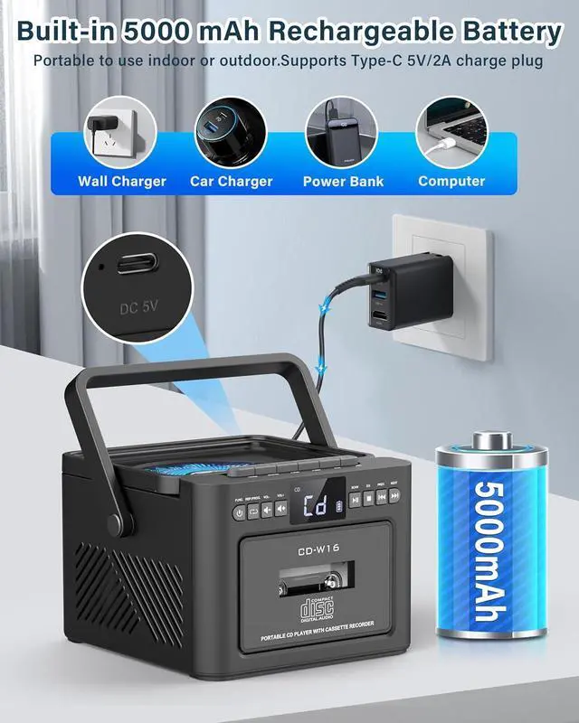 Alt view image 2 of 7 - Cassette CD Player Bluetooth5.1 with 5000mAh Battery,5W Dual Stereo Speakers,Rechargeable CD Player with FM Radio,Remote Control,Tape Recording,3.5mm Earphone Jack,AUX/Micro SD/USB for Home