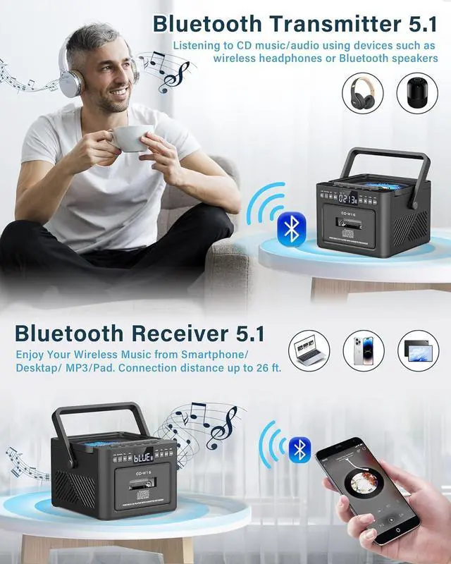 Alt view image 3 of 7 - Cassette CD Player Bluetooth5.1 with 5000mAh Battery,5W Dual Stereo Speakers,Rechargeable CD Player with FM Radio,Remote Control,Tape Recording,3.5mm Earphone Jack,AUX/Micro SD/USB for Home
