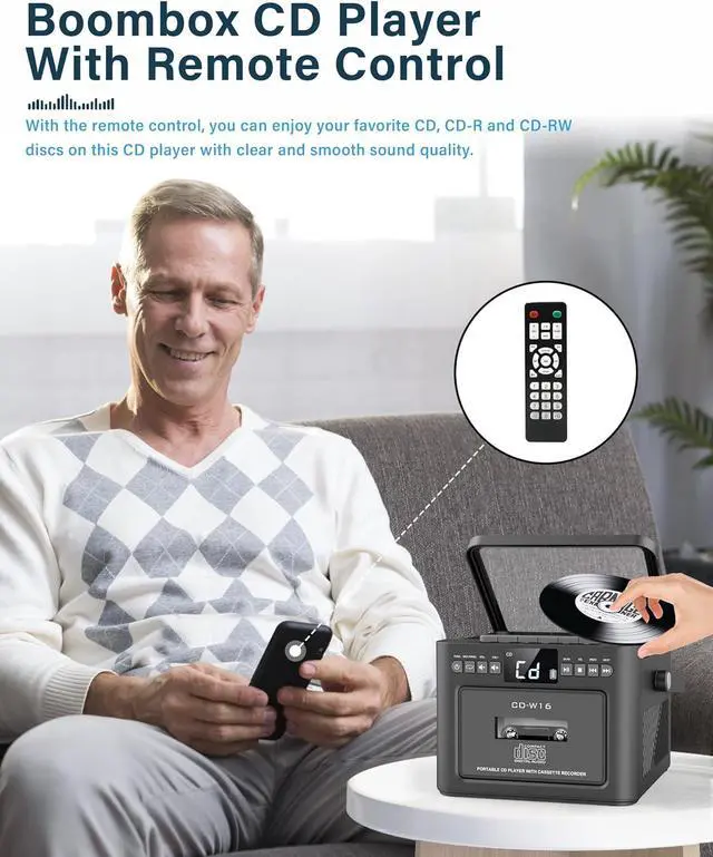 Alt view image 6 of 7 - Cassette CD Player Bluetooth5.1 with 5000mAh Battery,5W Dual Stereo Speakers,Rechargeable CD Player with FM Radio,Remote Control,Tape Recording,3.5mm Earphone Jack,AUX/Micro SD/USB for Home