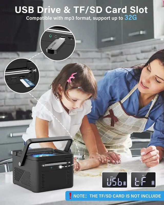 Alt view image 7 of 7 - Cassette CD Player Bluetooth5.1 with 5000mAh Battery,5W Dual Stereo Speakers,Rechargeable CD Player with FM Radio,Remote Control,Tape Recording,3.5mm Earphone Jack,AUX/Micro SD/USB for Home