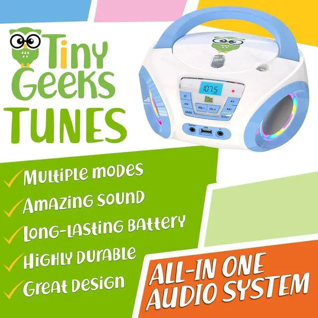 Alt view image 2 of 7 - Tunes Kids Boombox CD Player for Kids - NEW 2023 - FM Radio - Batteries Included - Cute white Radio cd Player with Speakers for Kids and Toddlers - Blue