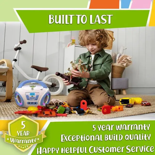 Alt view image 7 of 7 - Tunes Kids Boombox CD Player for Kids - NEW 2023 - FM Radio - Batteries Included - Cute white Radio cd Player with Speakers for Kids and Toddlers - Blue