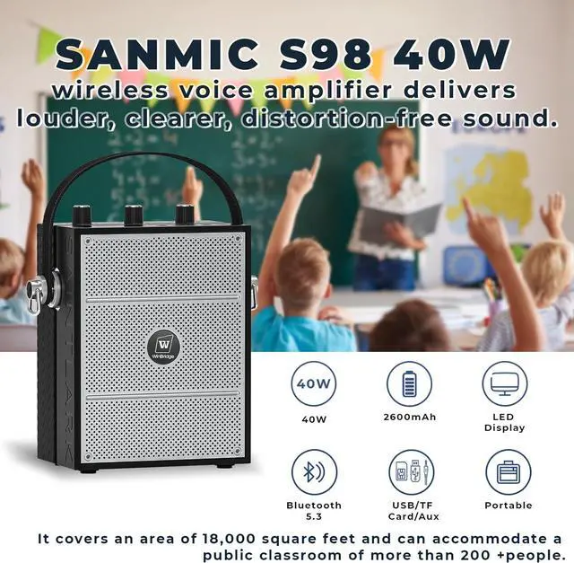 Alt view image 3 of 7 - Bluetooth 5.3 Voice Amplifier with Wireless Microphone Headset,Personal Wireless amplifier Mic for Teachers,40W Loudly Portable Megaphone Pa System for Classrooms,Speeches,Outdoors Indoors-S98