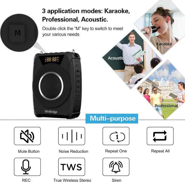 Alt view image 4 of 7 - 20W Bluetooth Voice Amplifier Wireless Microphone for Teachers, Portable Waterproof Voice Amplifier for Teaching, Speaking, Classroom, Personal Mic Headset and Speaker System M801