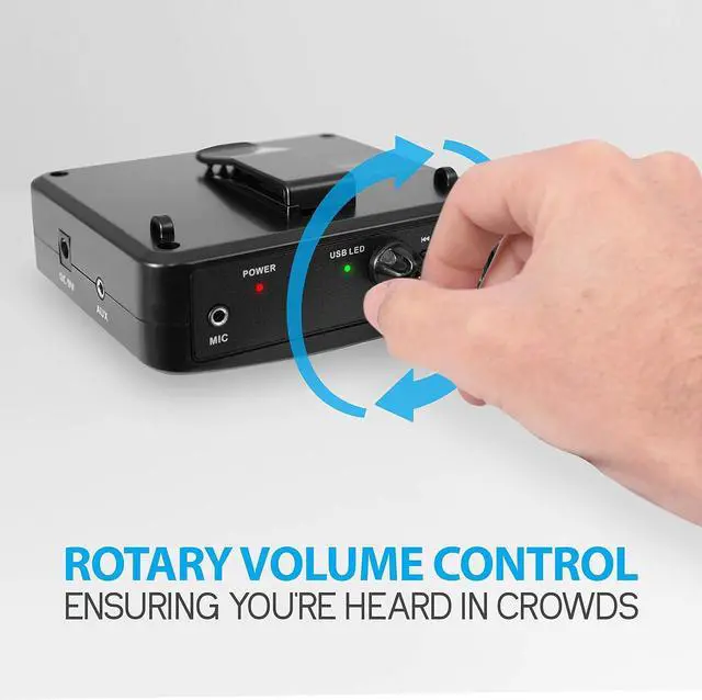 Alt view image 2 of 7 - Portable Waist-Band PA Speaker System - Compact Voice Amplifier and Headset Microphone Set with Built-in Rechargeable Battery, MP3/USB Playback, AUX, Power Adapter, Strap, Belt Clip PWMA60UB