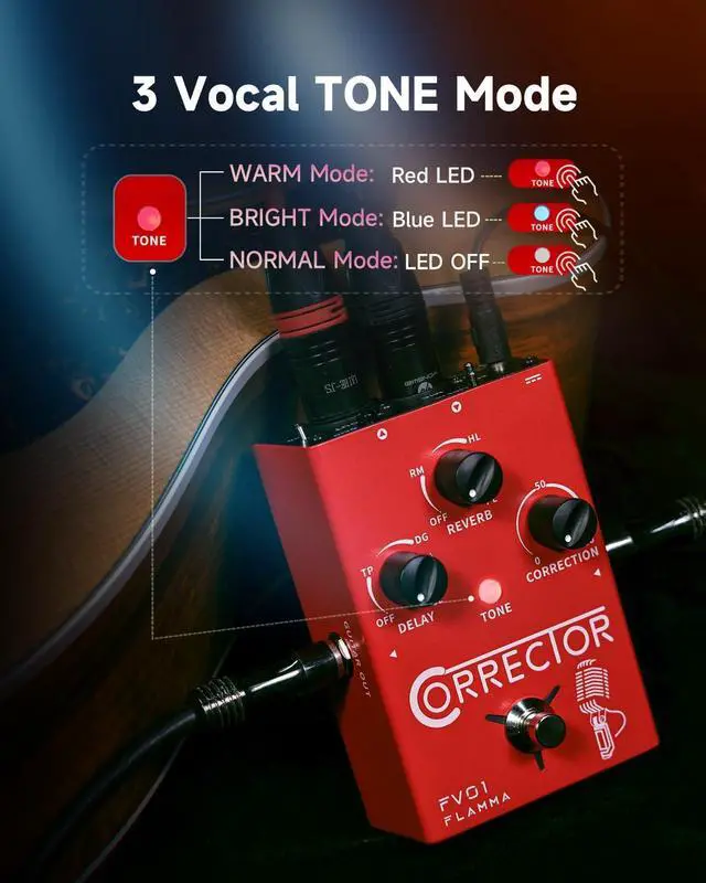 Alt view image 4 of 7 - FV01 Vocal Effects Processor Pitch Correction Voice Pedal Vocal Stompbox Microphone Amplifier for Singer Live Singing Streaming Recording with Delay Reverb Acoustic Guitar Playing