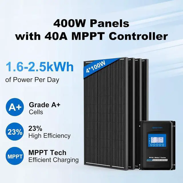 Alt view image 2 of 7 - 400 Watt 12 Volt RV Solar Panel Kit 4 * 100W Solar Panels+40A MPPT LCD Charge Controller+Mounting Z Brackets+Adaptor Kit+Tray Cables Set,Solar System Complete Kits for RV,Boat