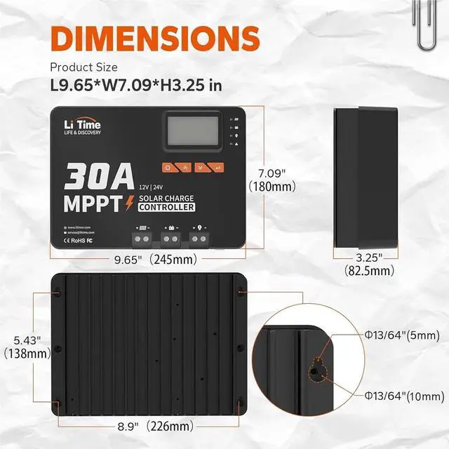Alt view image 2 of 7 - 30 Amp MPPT 12V/24V/Auto DC Input Solar Charge Controller Build-in Bluetooth Module, Parameter Adjustable LCD Display LED Indicators Solar Panel