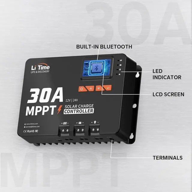 Alt view image 3 of 7 - 30 Amp MPPT 12V/24V/Auto DC Input Solar Charge Controller Build-in Bluetooth Module, Parameter Adjustable LCD Display LED Indicators Solar Panel