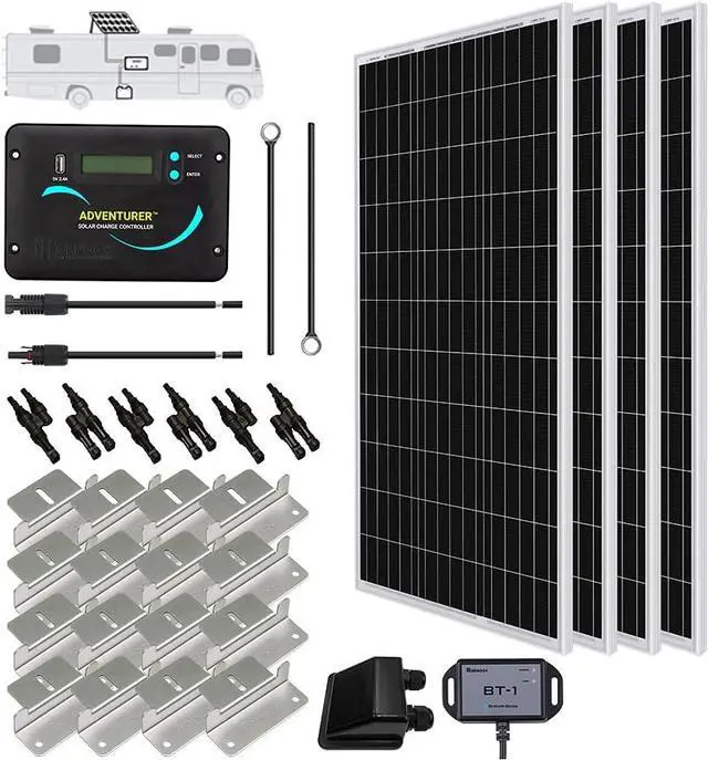 Main image of 400 Watts 12 Volts Monocrystalline Solar RV Kit Off-Grid Kit with Adventurer 30A PWM LCD Charge Controller+ Mounting Brackets+ Male and Female Connectors+Solar Cables+Cable Entry housing