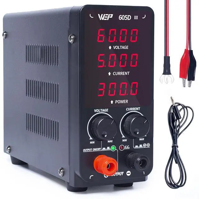 Main image of 605D-III DC Variable Power Supply 60.00V 5.000A High Precision Bench Lab Power Supply with Alligator Clips for anodizing kit, Electroplating, arduino, breadboard