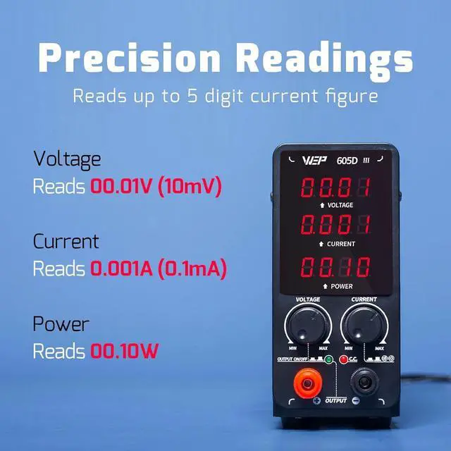 Alt view image 2 of 6 - 605D-III DC Variable Power Supply 60.00V 5.000A High Precision Bench Lab Power Supply with Alligator Clips for anodizing kit, Electroplating, arduino, breadboard